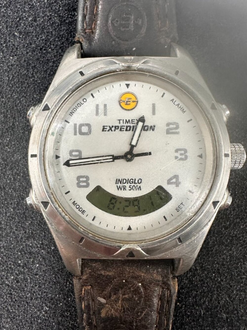 Timex Expedition Mens Watch 38mm Silver Tone Indiglo Brown Leather New Battery